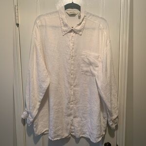 Eddie Bauer White 100% Linen Oversized Long Button Up Shirt Size XL